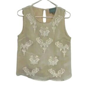 Skies are Blue Embroidered Tan Sheer Women's tank top blouse MEDIUM